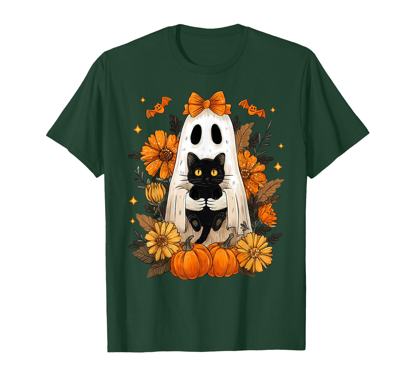 Halloween Groovy Floral Cute Bow Ghost Black Cat Pumpkin T-Shirt