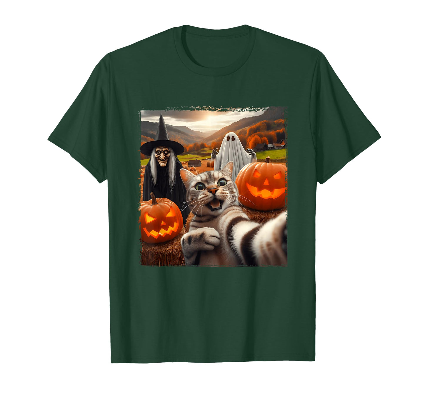 Halloween Cat Selfie with Ghost and Witch Pumpkin Costume T-Shirt