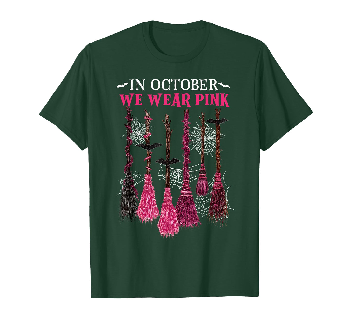 in October We Wear Pink Witch Broom Breast Cancer Halloween T-Shirt