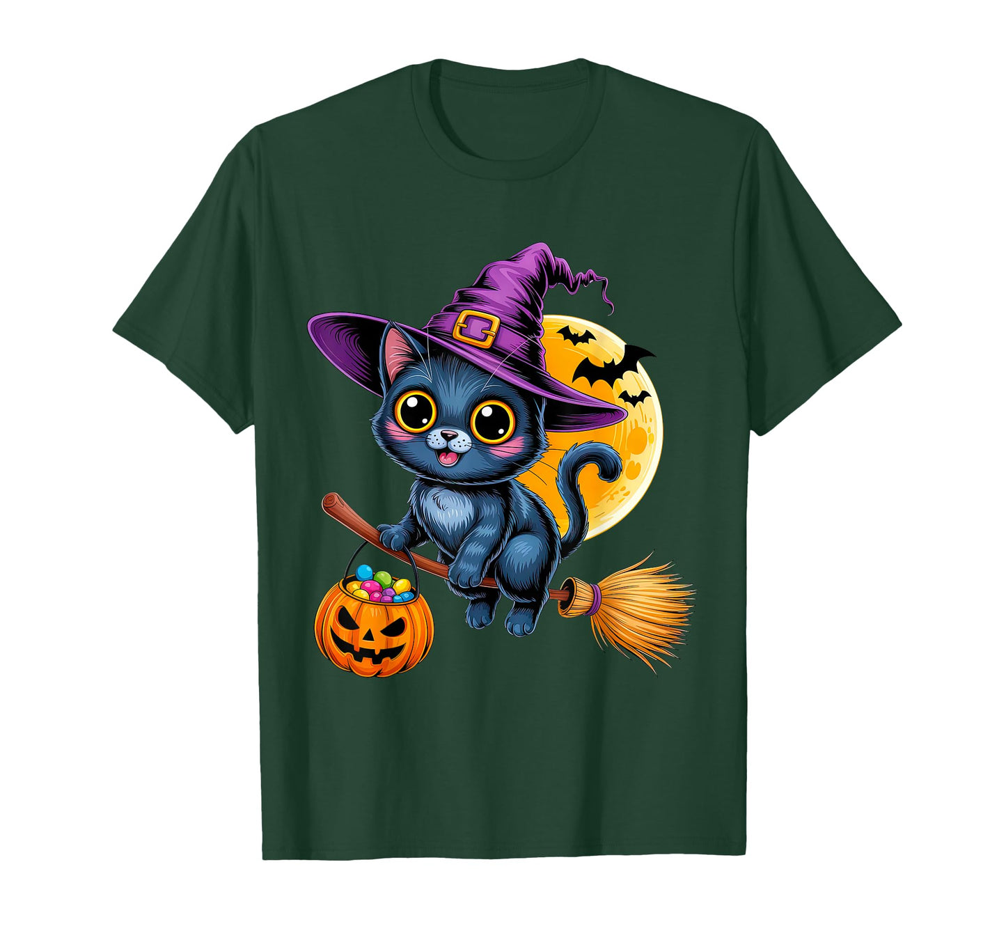 Cat Witch Hat Halloween Moon Pumpkin T-Shirt