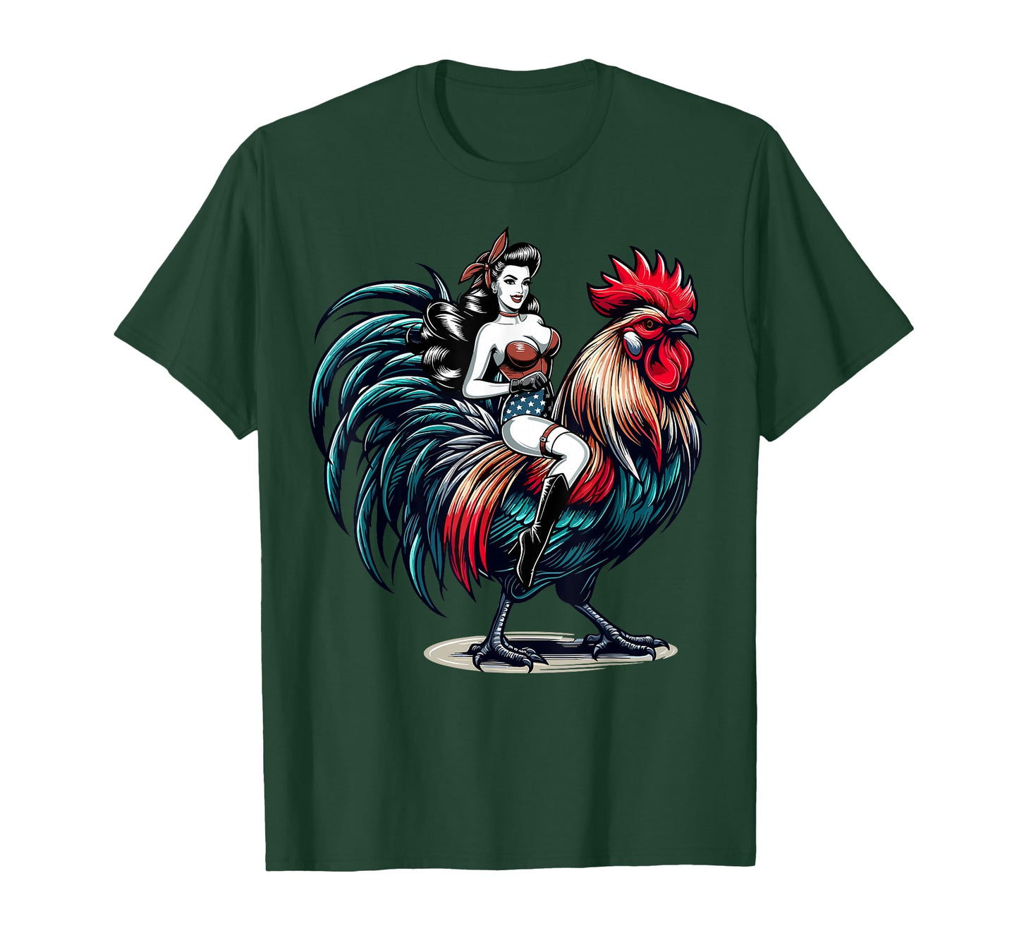 Pin-Up Girl Riding Rooster Vintage Patriotic T-Shirt