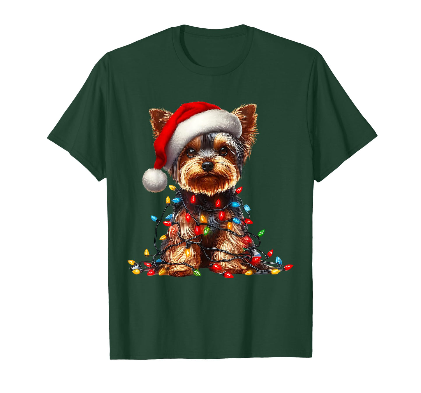 Yorkshire Terrier Dog Christmas Lights Santa Hat Dog Lover T-Shirt