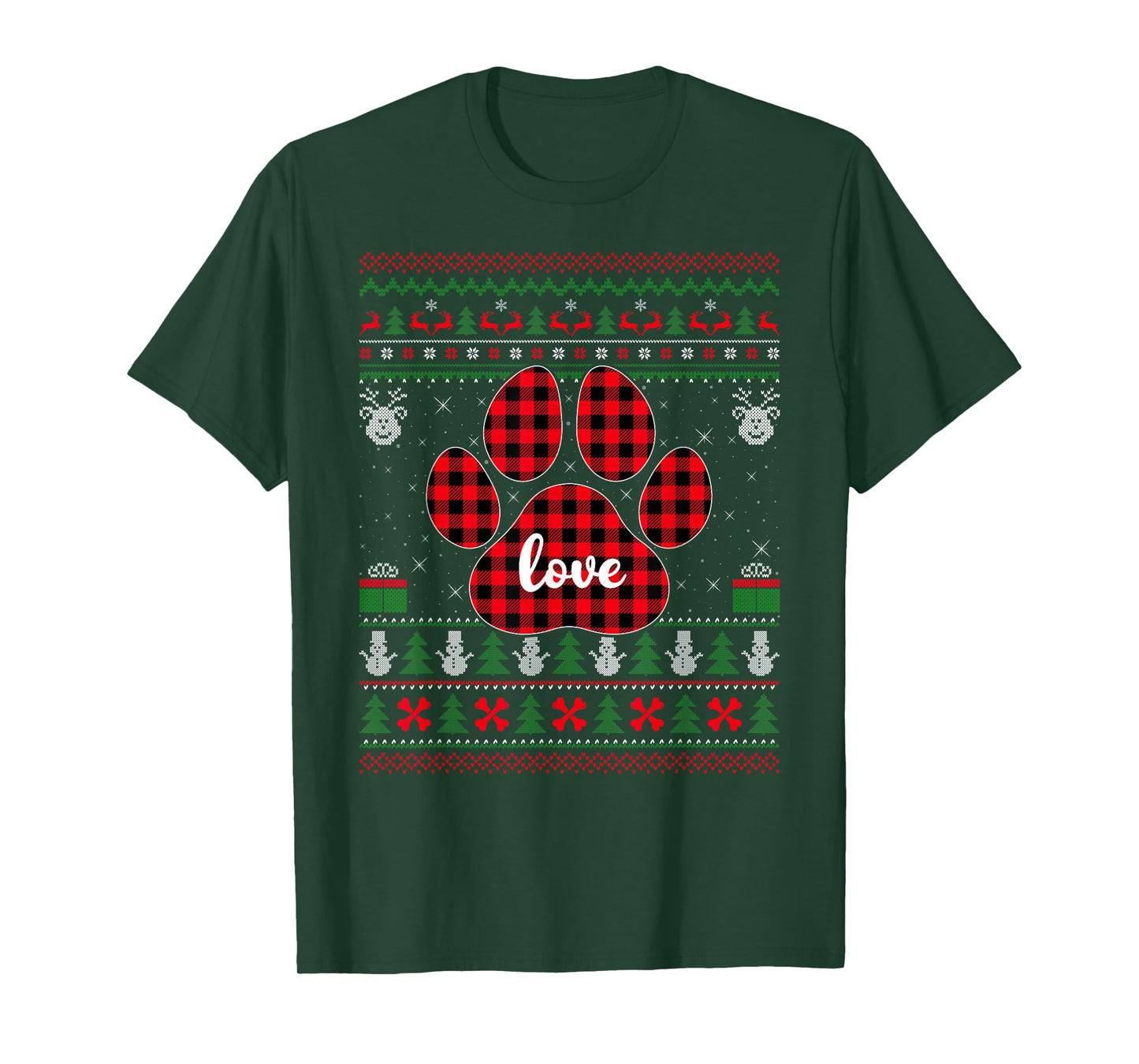 Dog Paw Ugly Christmas Sweaters Buffalo Plaid Love Dog Xmas T-Shirt
