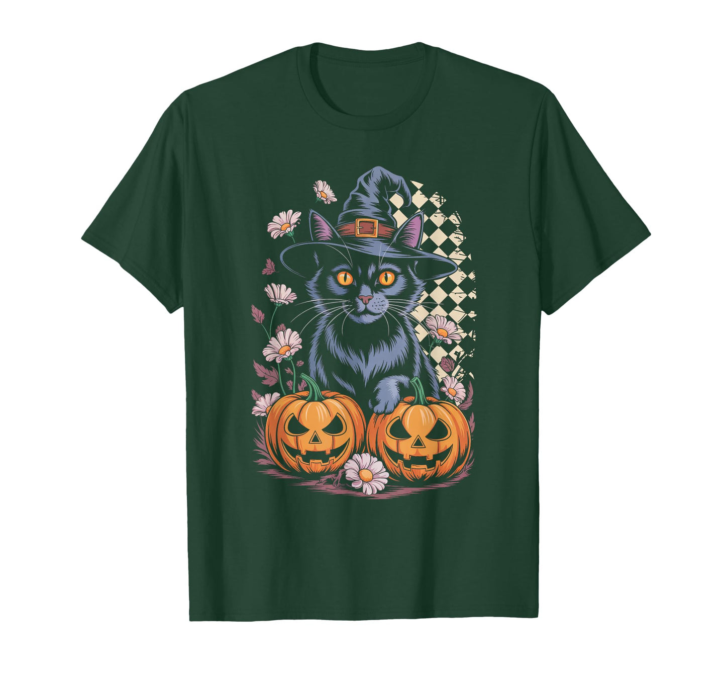 Cute Witch Cat Halloween Pumpkin Floral Aesthetic Tee T-Shirt