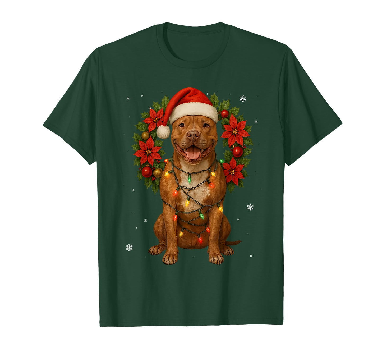 Christmas American Pit Bull Festive Wreath Lights Xmas T-Shirt