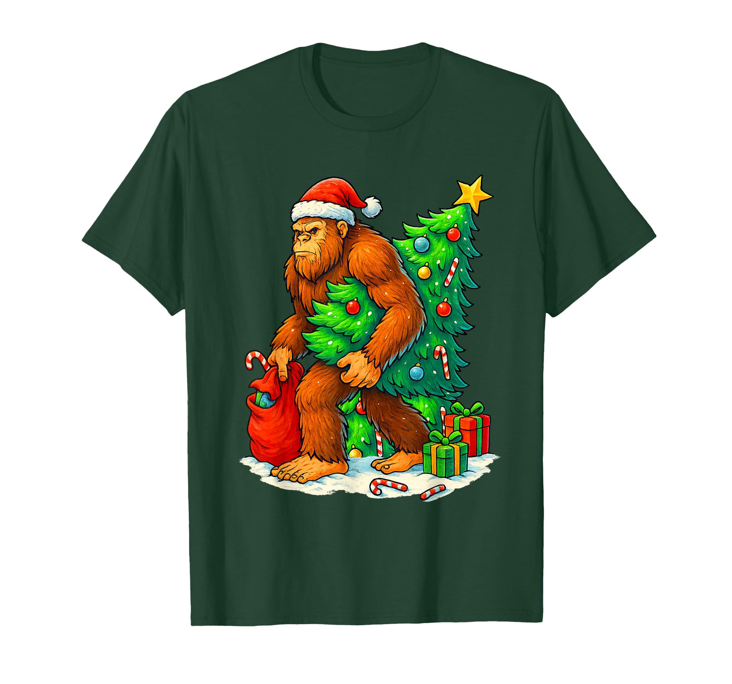 Bigfoot Sasquatch Santa Hat Christmas Tree Xmas Lights T-Shirt