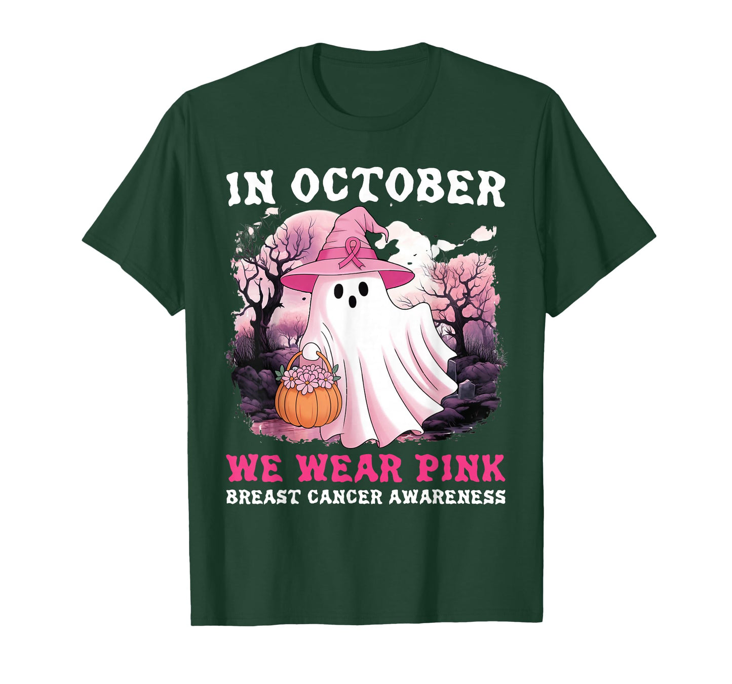 in October We Wear Pink Ghost Witch Breast Cancer Awareness T-Shirt