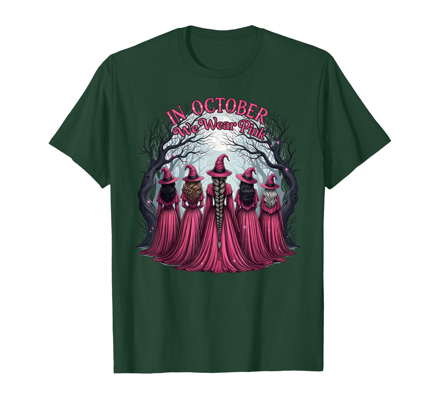 in October We Wear Pink Witch Halloween Breast Cancer Women T-Shirt