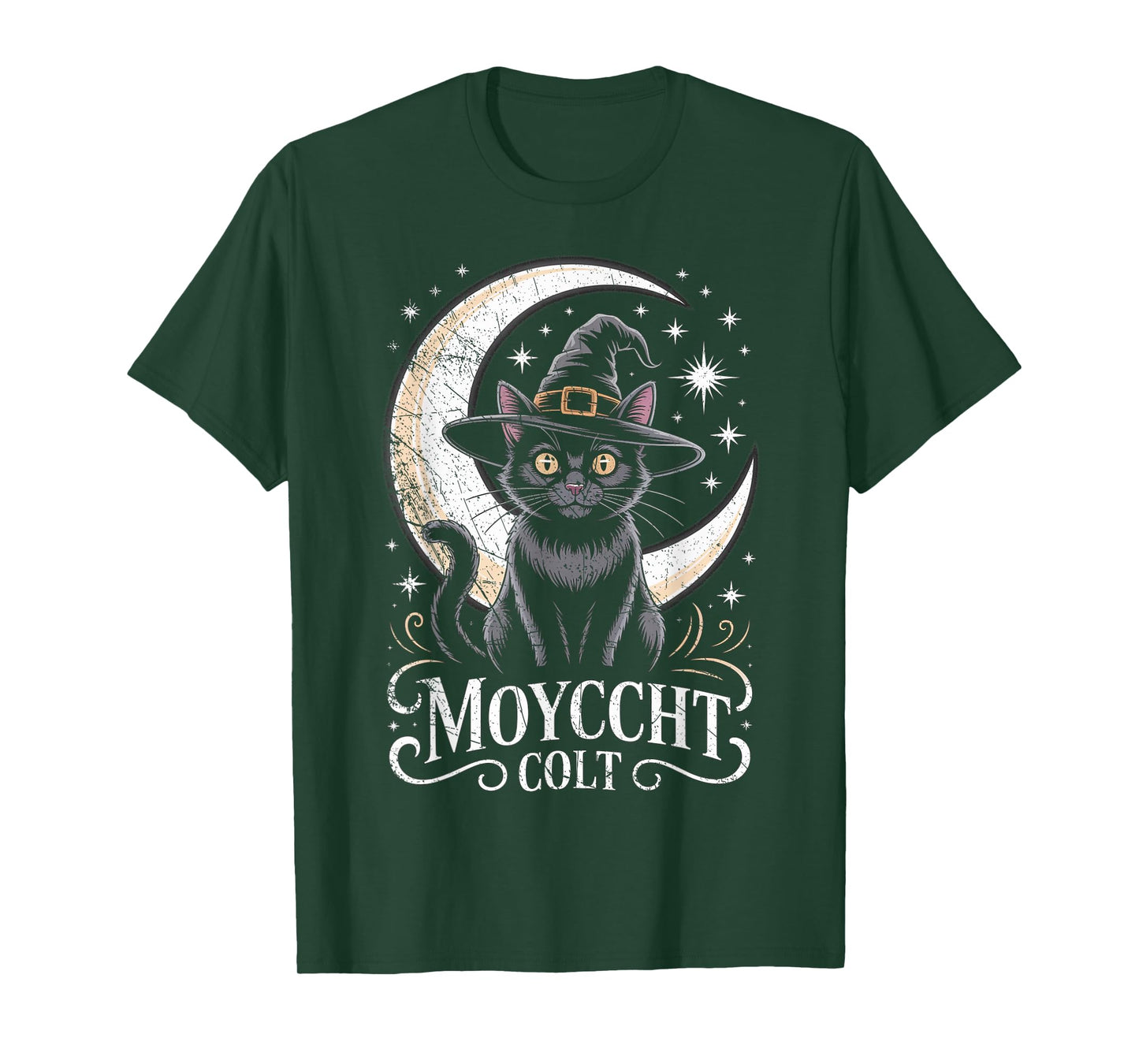 Vintage Scary Halloween Black Cat Costume Witch Hat & Moon T-Shirt