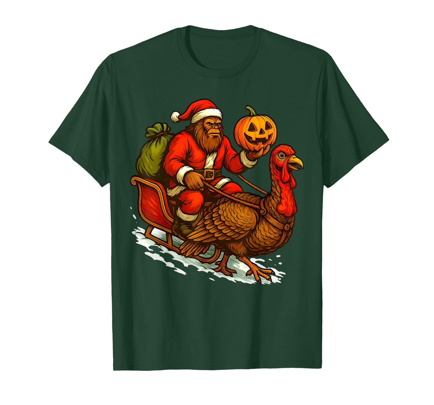 Funny Santa Bigfoot Drives a Turkey Pumpkin Halloween Xmas T-Shirt