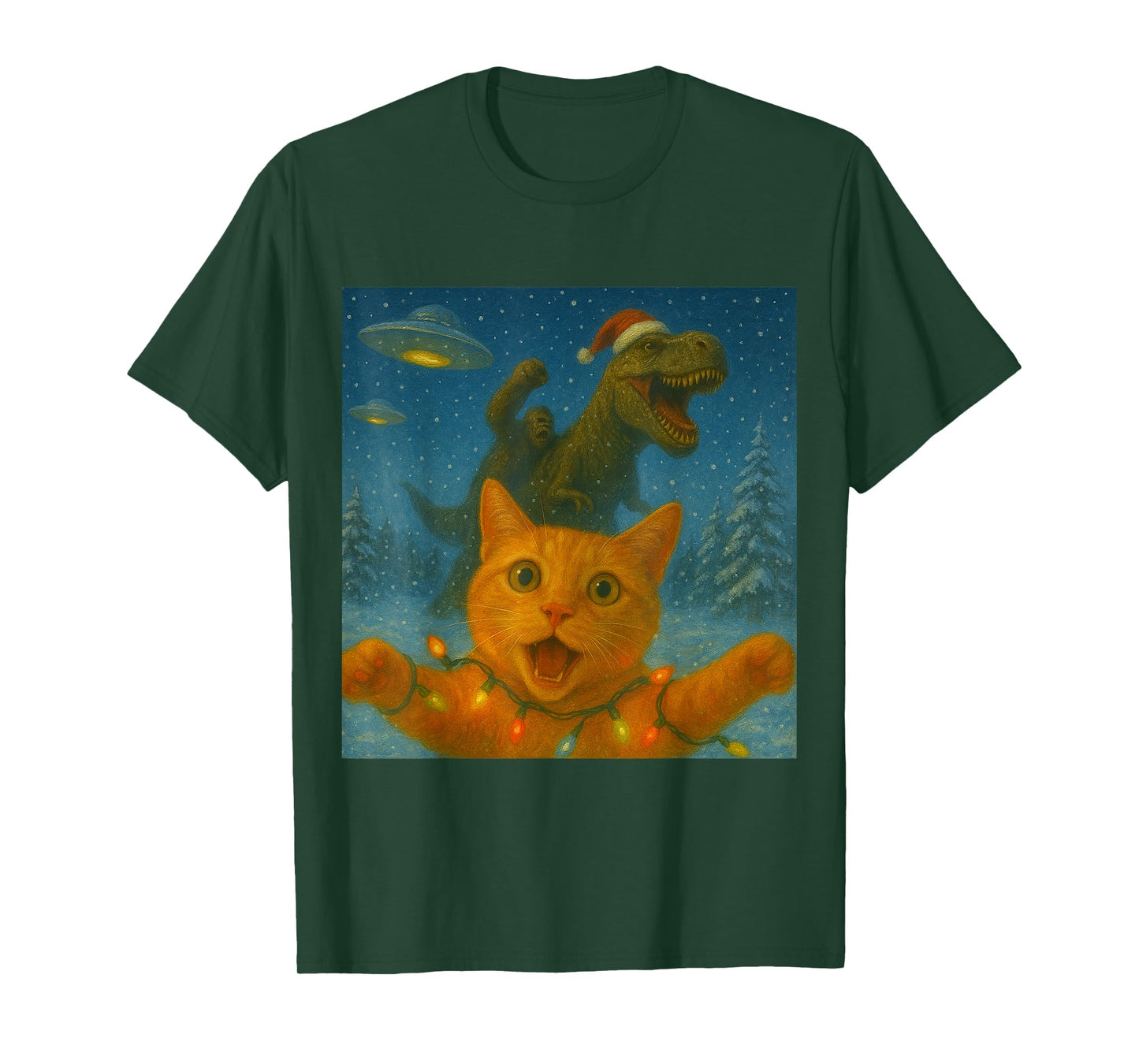 Funny Surprised Scared Cat Selfie T-Rex Dinosaur Bigfoot UFO T-Shirt