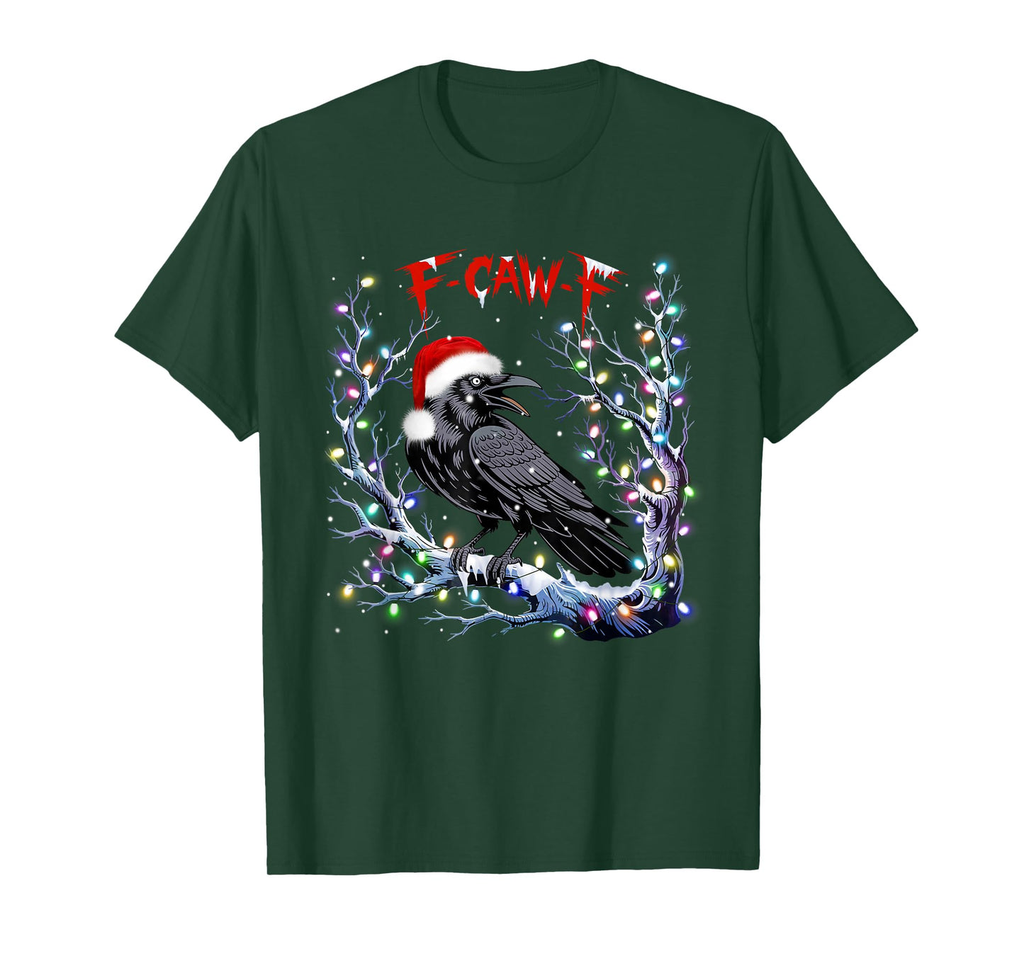 Funny Black Crow F-Caw-F Retro Santa Hat Christmas Lights T-Shirt