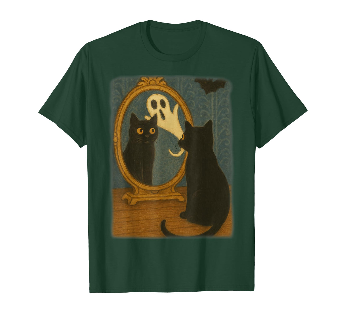 Vintage Halloween Black Cat Ghost in Mirror Cat Lovers Kids T-Shirt