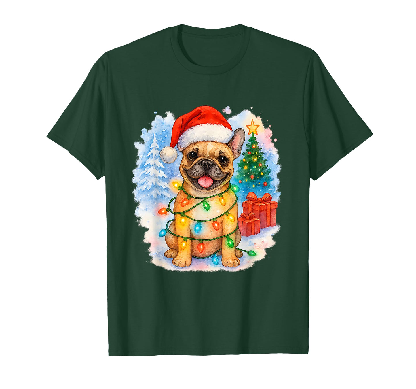 Festive French Bulldog Santa Hat Christmas Tree Lights T-Shirt