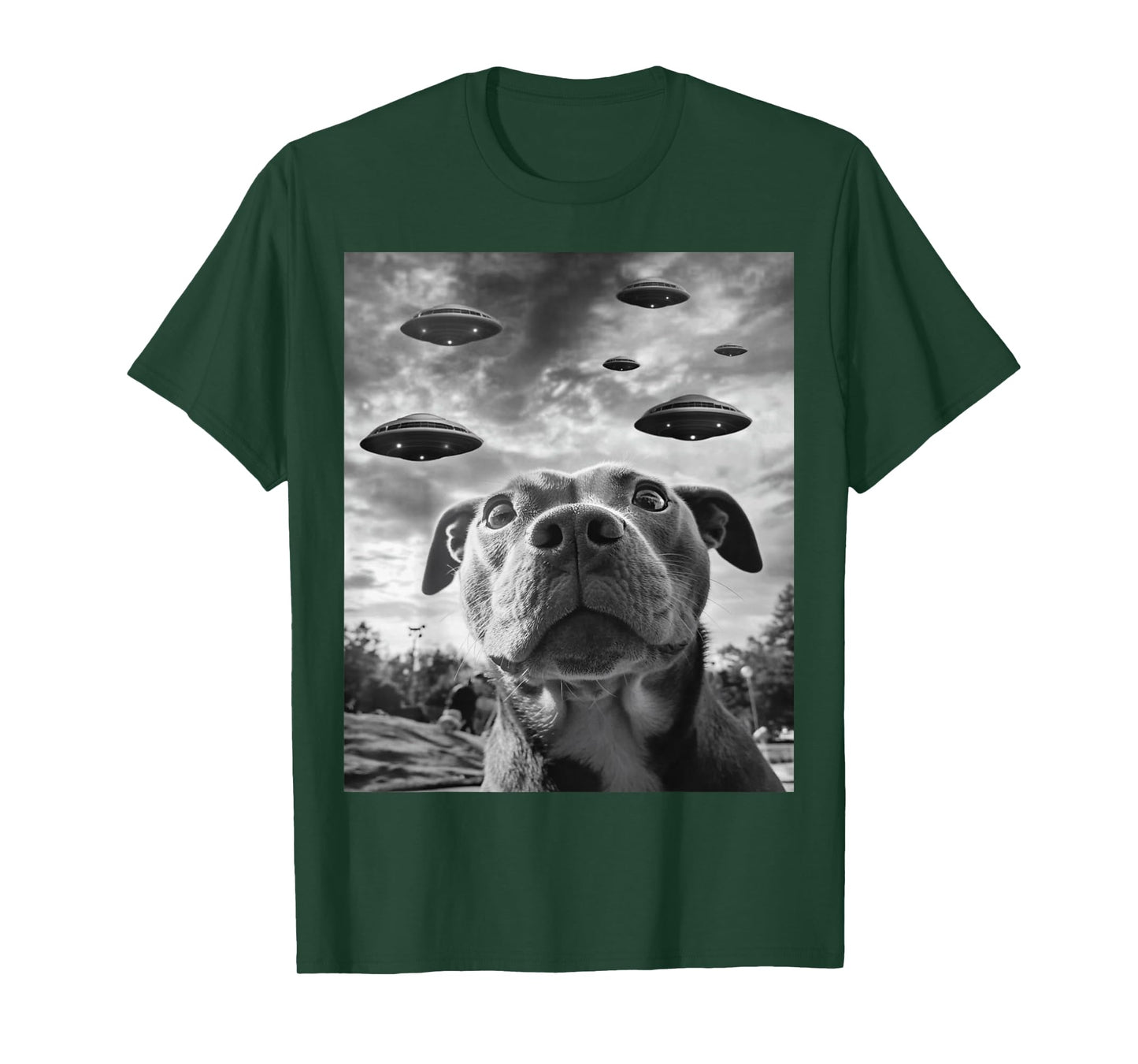 Funny Dog Pitbull Selfie with UFOs Alien Novelty T-Shirt