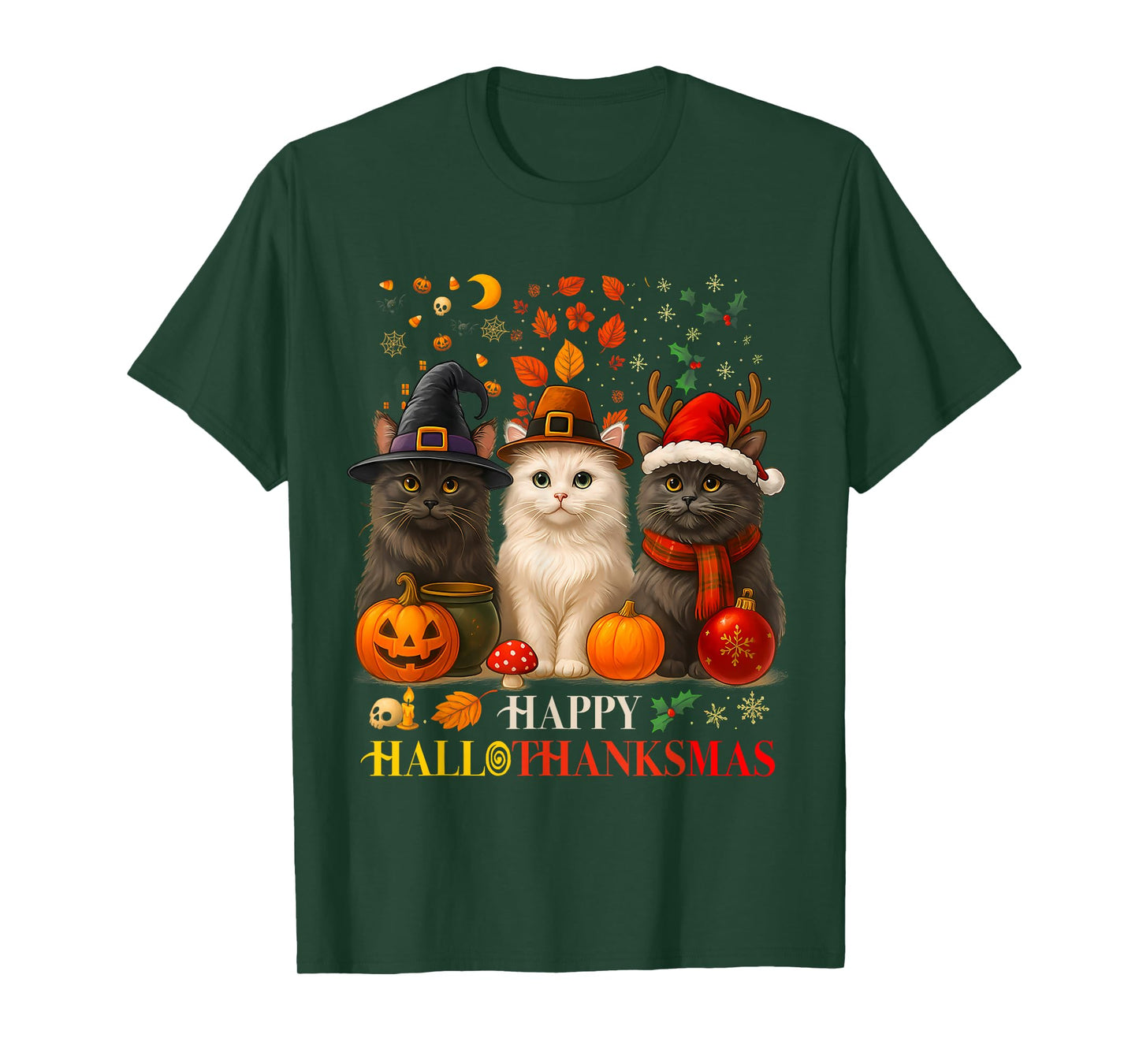 Happy HalloThanksMas Cats Halloween Thanksgiving Christmas T-Shirt