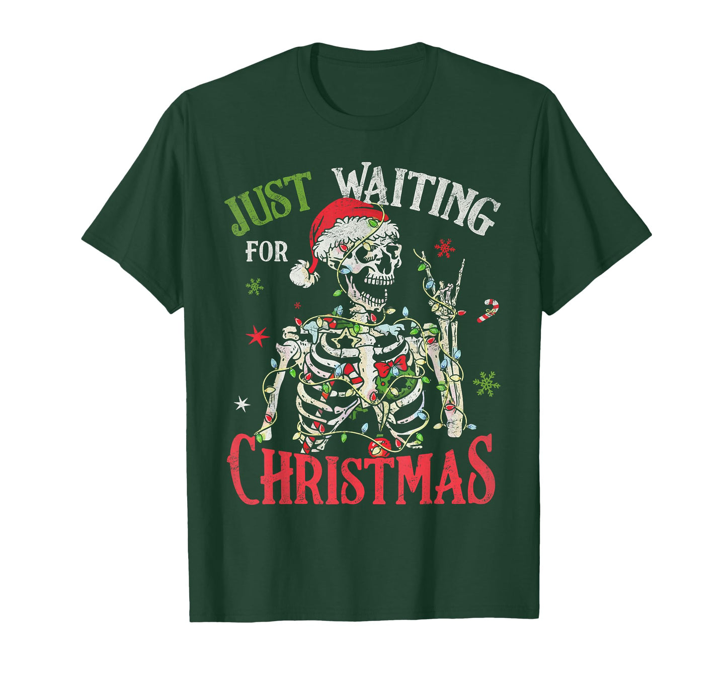 Just Waiting for Christmas Holiday Santa Claus Skeleton T-Shirt