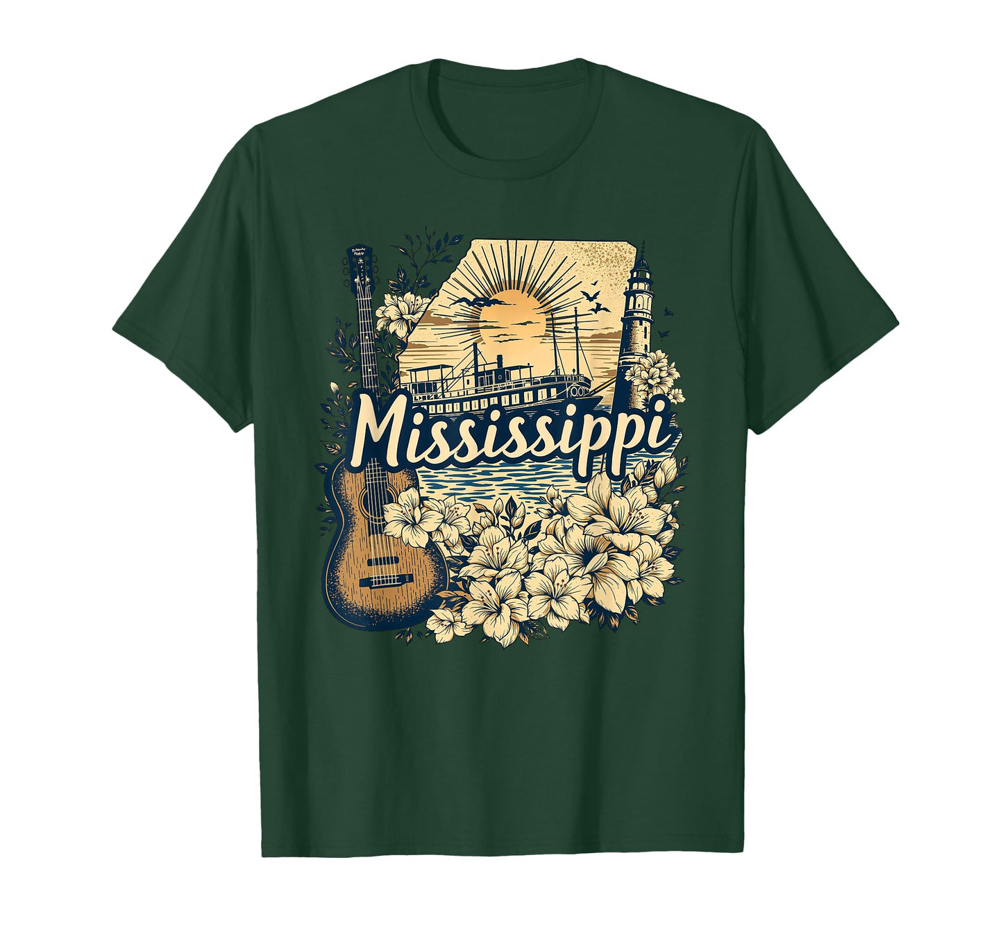 Retro Mississippi Home State MS Guitar and Flowers T-Shirt