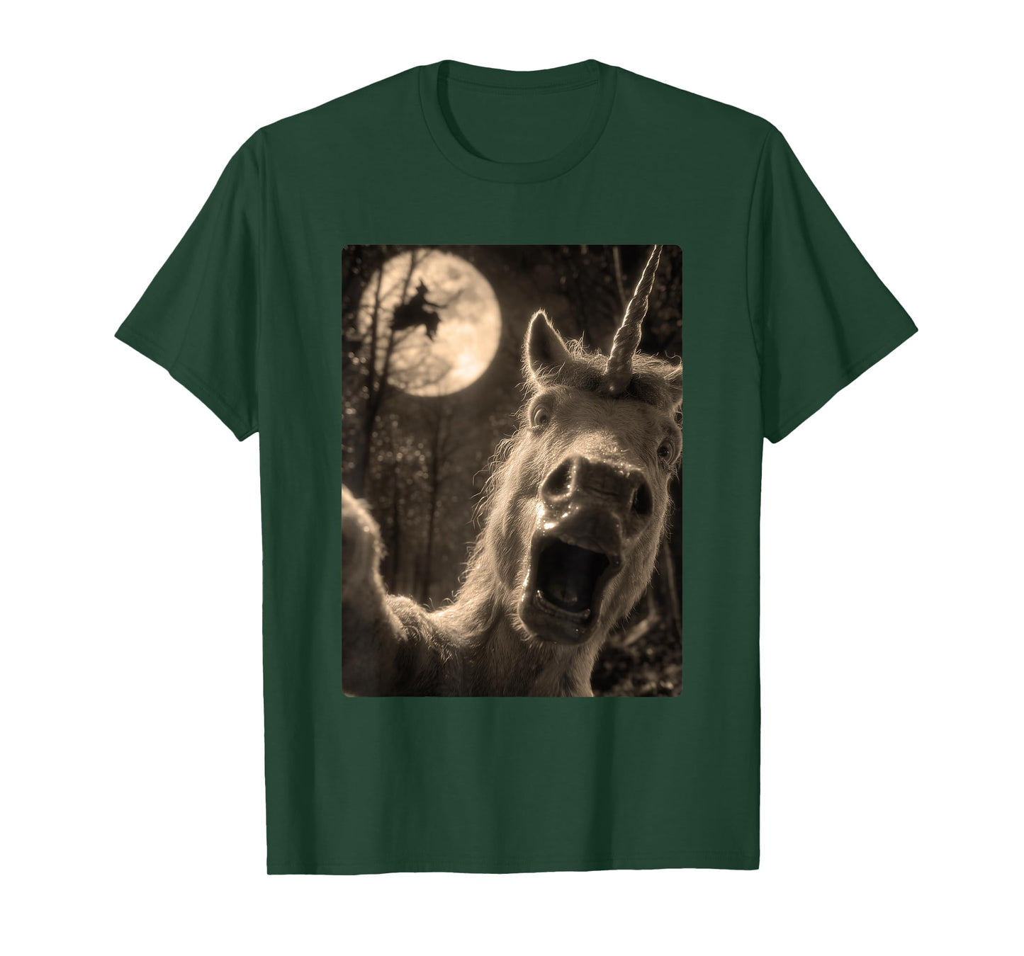 Funny Unicorn Selfie Full Moon Flying Witch Forest Halloween T-Shirt