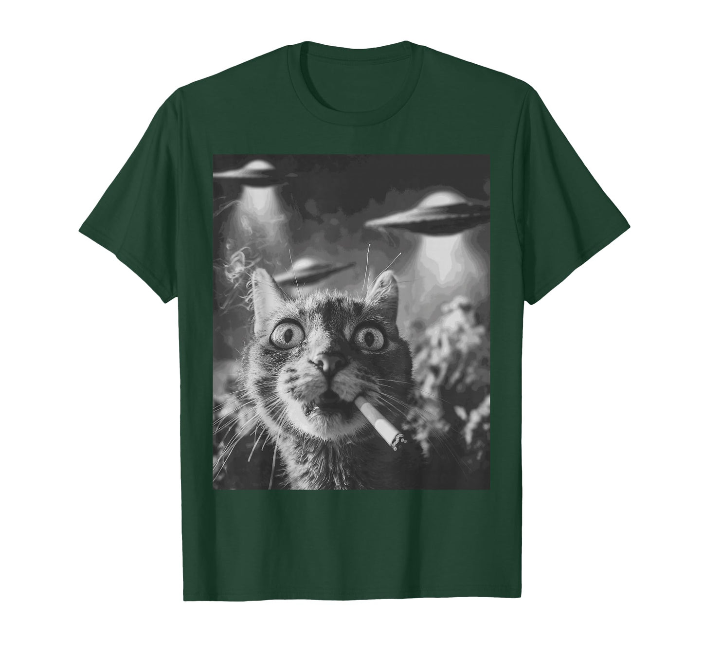 Funny Graphic Cat Smoking UFOs Funny T-Shirt