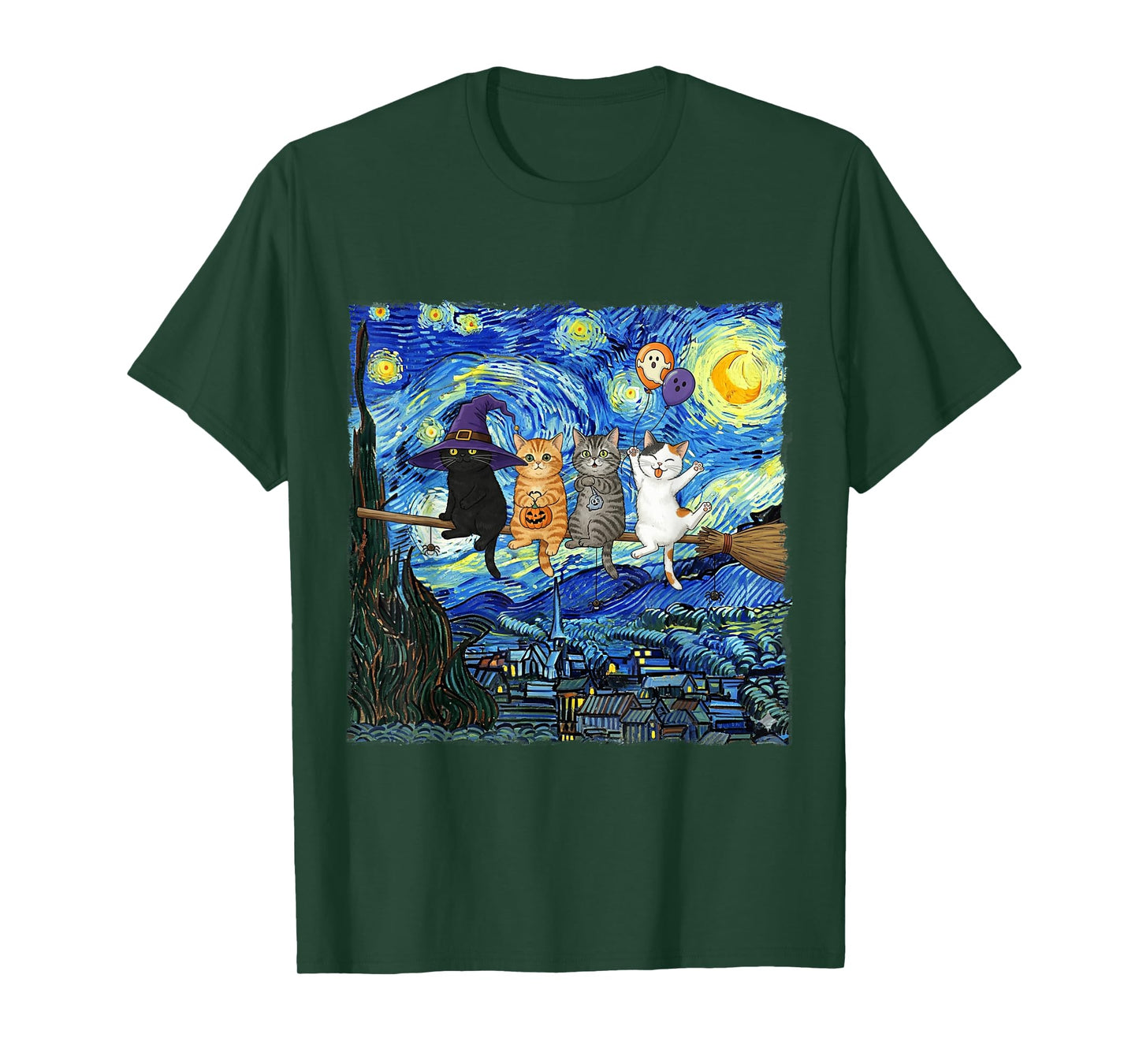 Halloween Cat Starry Night Witch Funny Cats Hanging on Broom T-Shirt