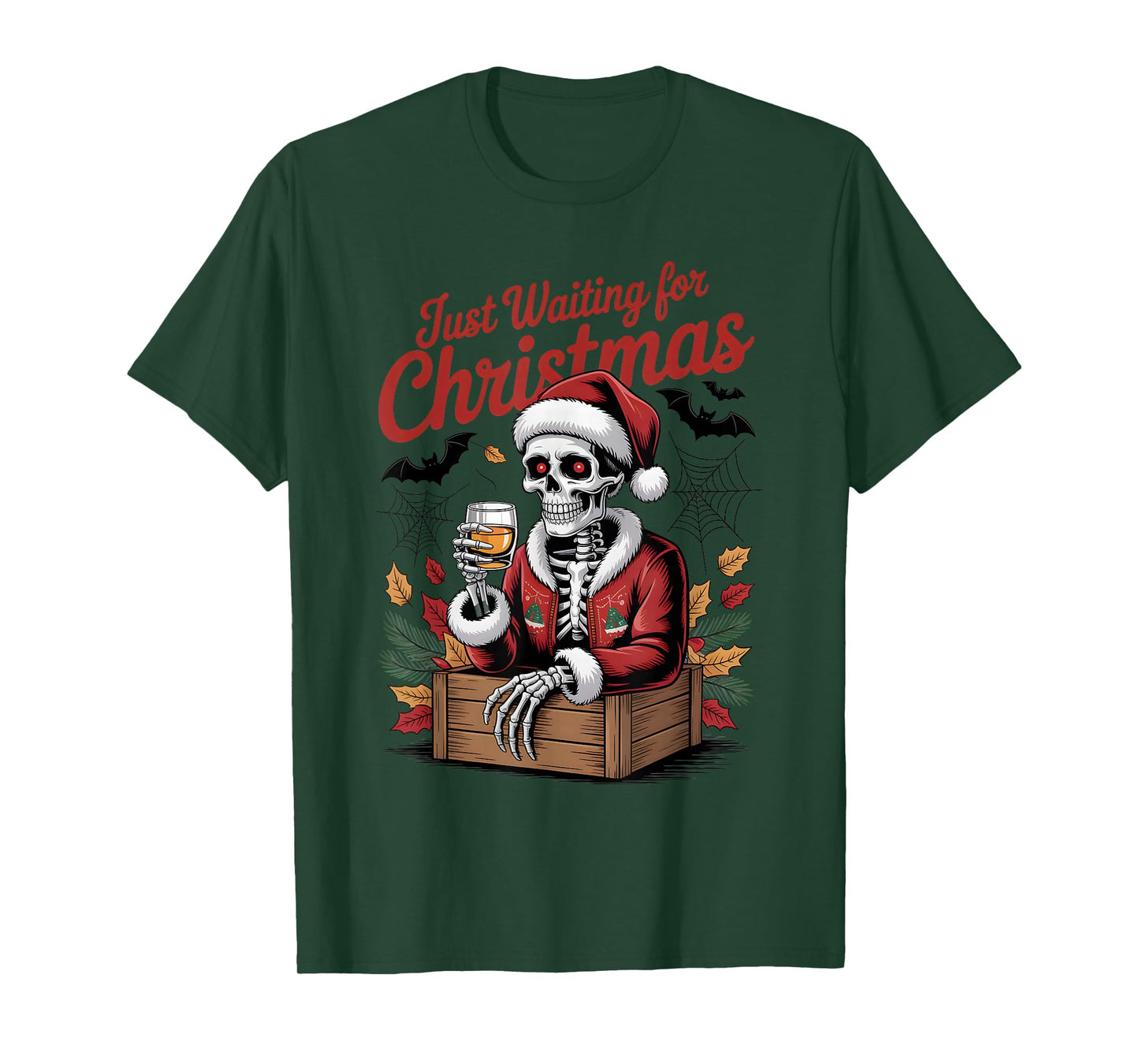 Just Waiting for Christmas Skeleton Santa T-Shirt