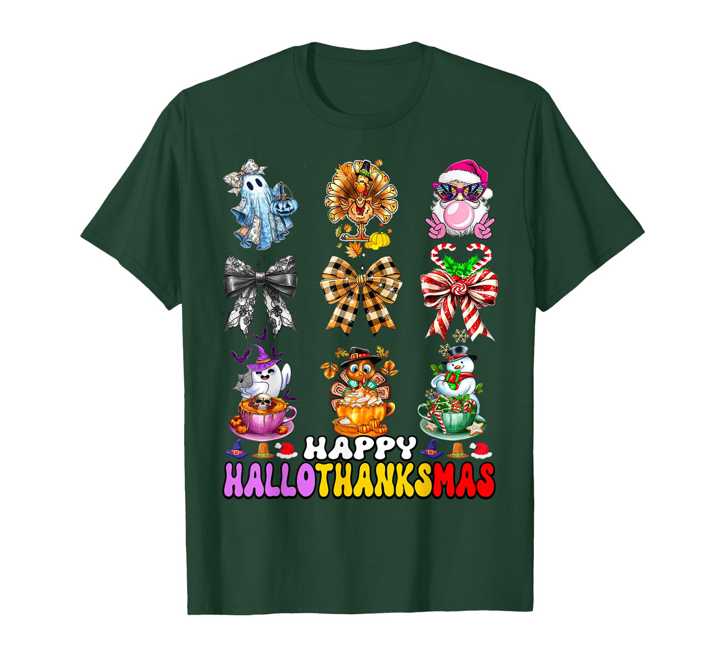 Hallothanksmas Coquette Bow Halloween Thanksgiving Christmas T-Shirt