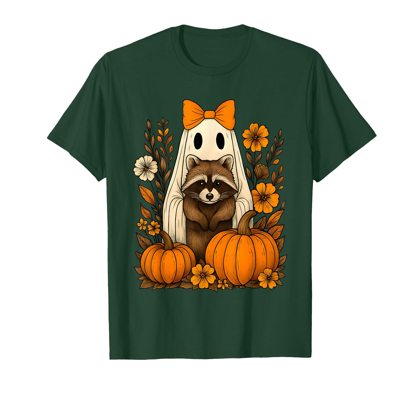 Vintage Halloween Ghost Holding Raccoon Groovy Floral Tee T-Shirt