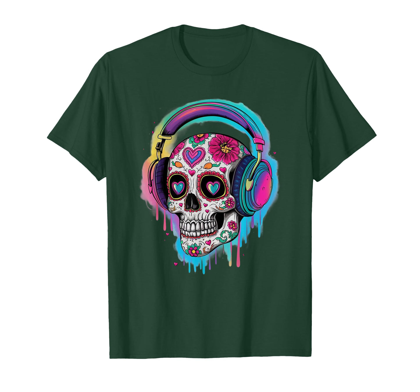 Sugar Skull Headphones Day of Dead Halloween Dia De Muertos T-Shirt