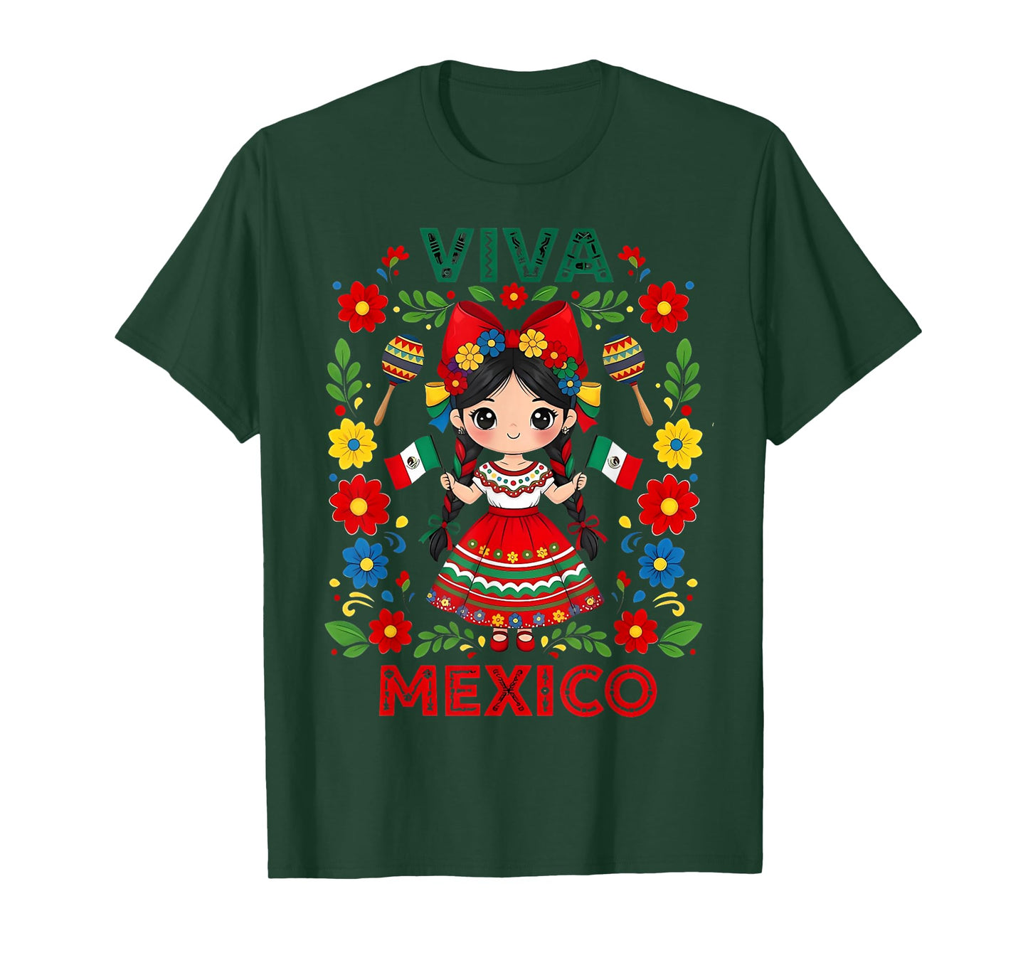 Viva Mexico Mexican Girl Flag Independence Day Girls Kids T-Shirt