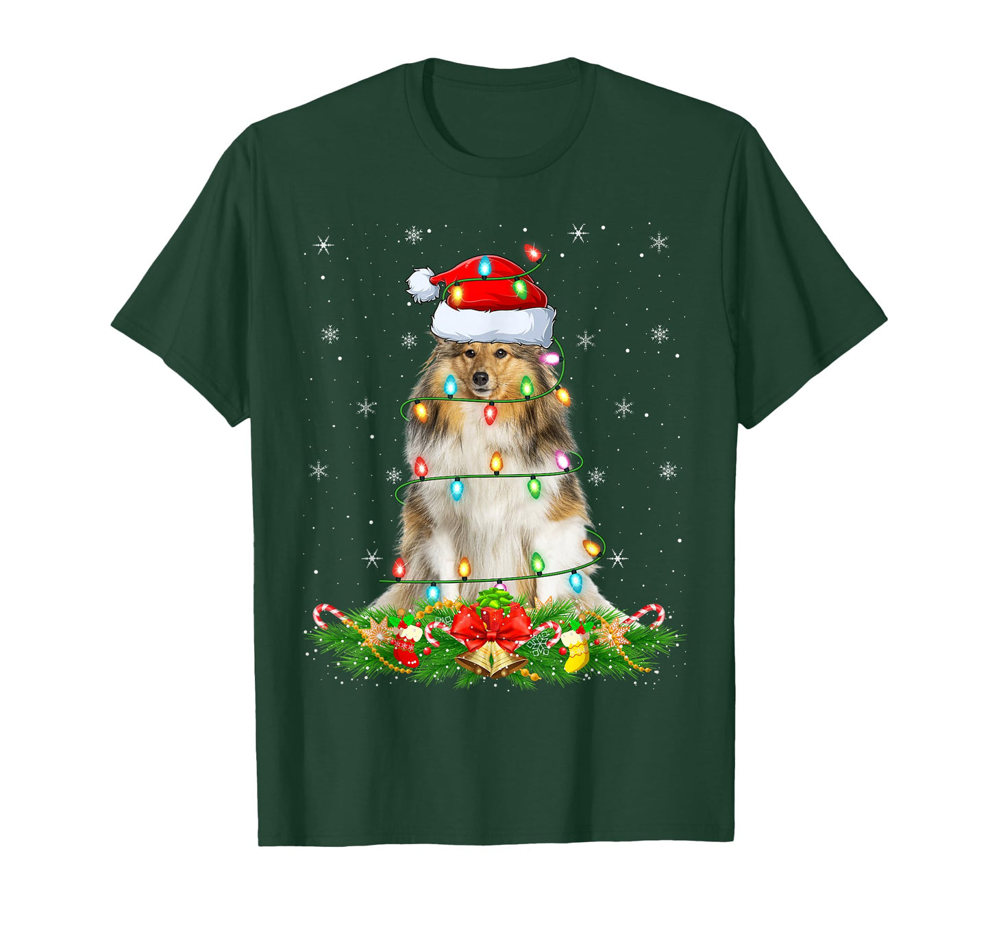 Shetland Sheepdog Christmas Lights Funny Santa Hat Xmas T-Shirt