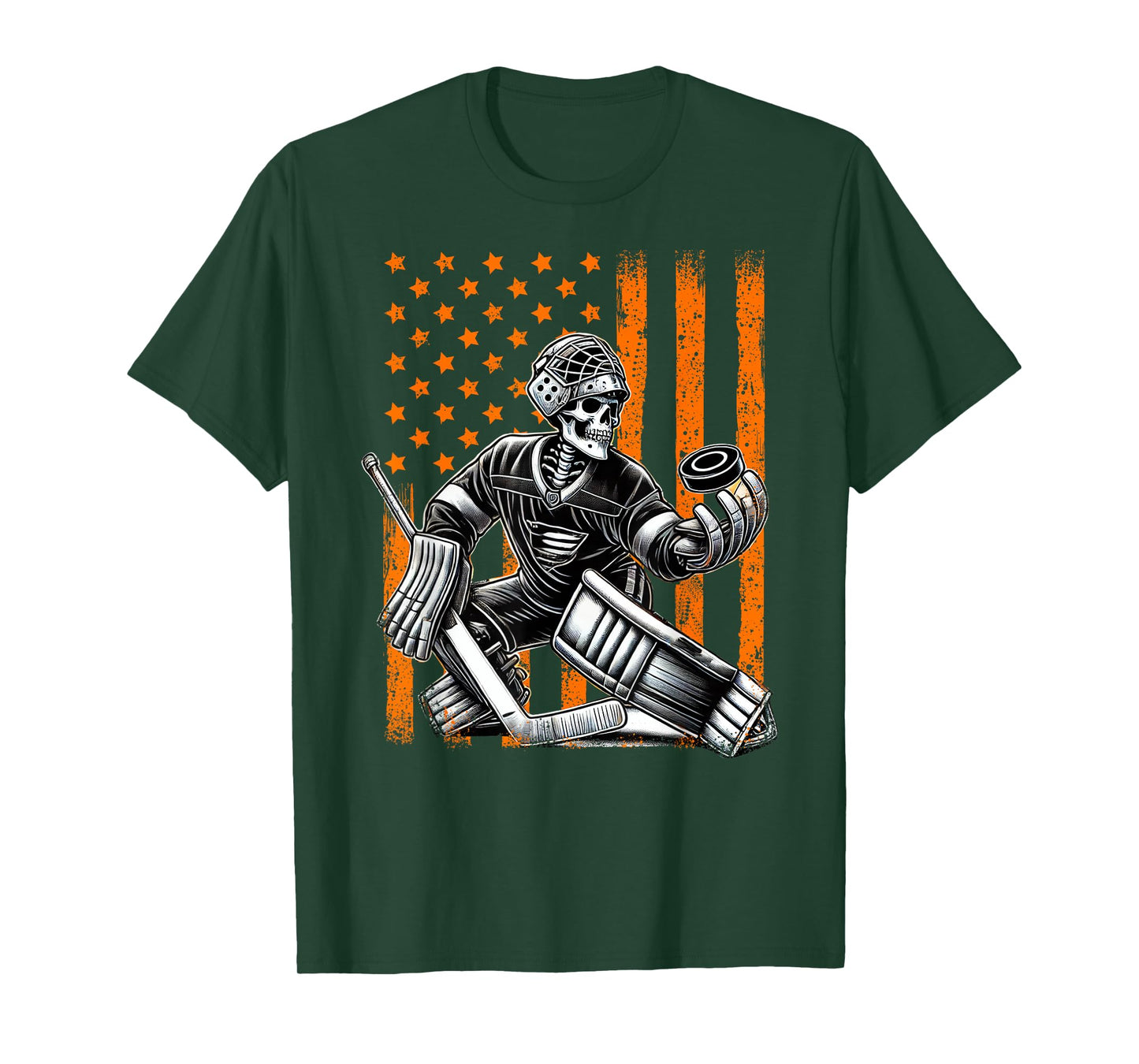 Spooky American Skeleton Ice Hockey Goalie Halloween USA T-Shirt