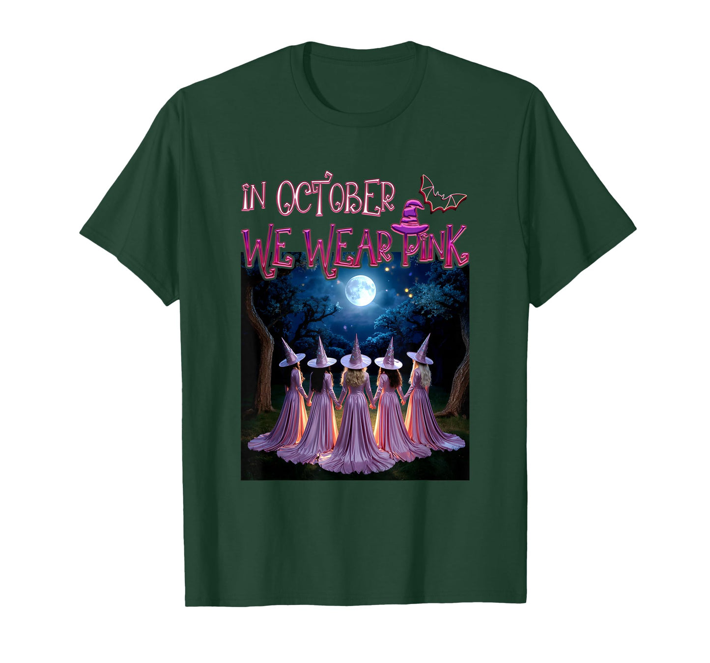in October We Wear Pink Witches Breast Cancer Awareness Moon T-Shirt