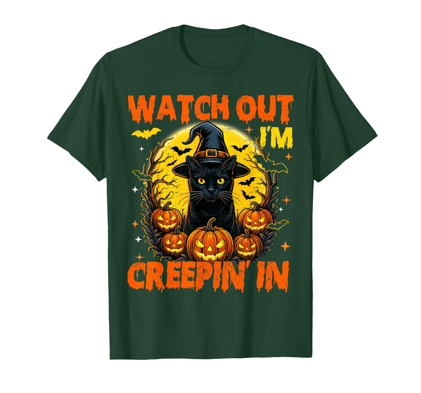 Black Cat Halloween Pumpkin Costume Creepin in Spooky Autumn T-Shirt