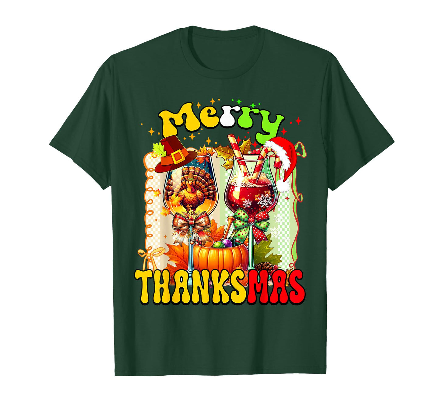 Merry Thanksmas Two Wine Glass Thanksgiving Christmas Pajama T-Shirt