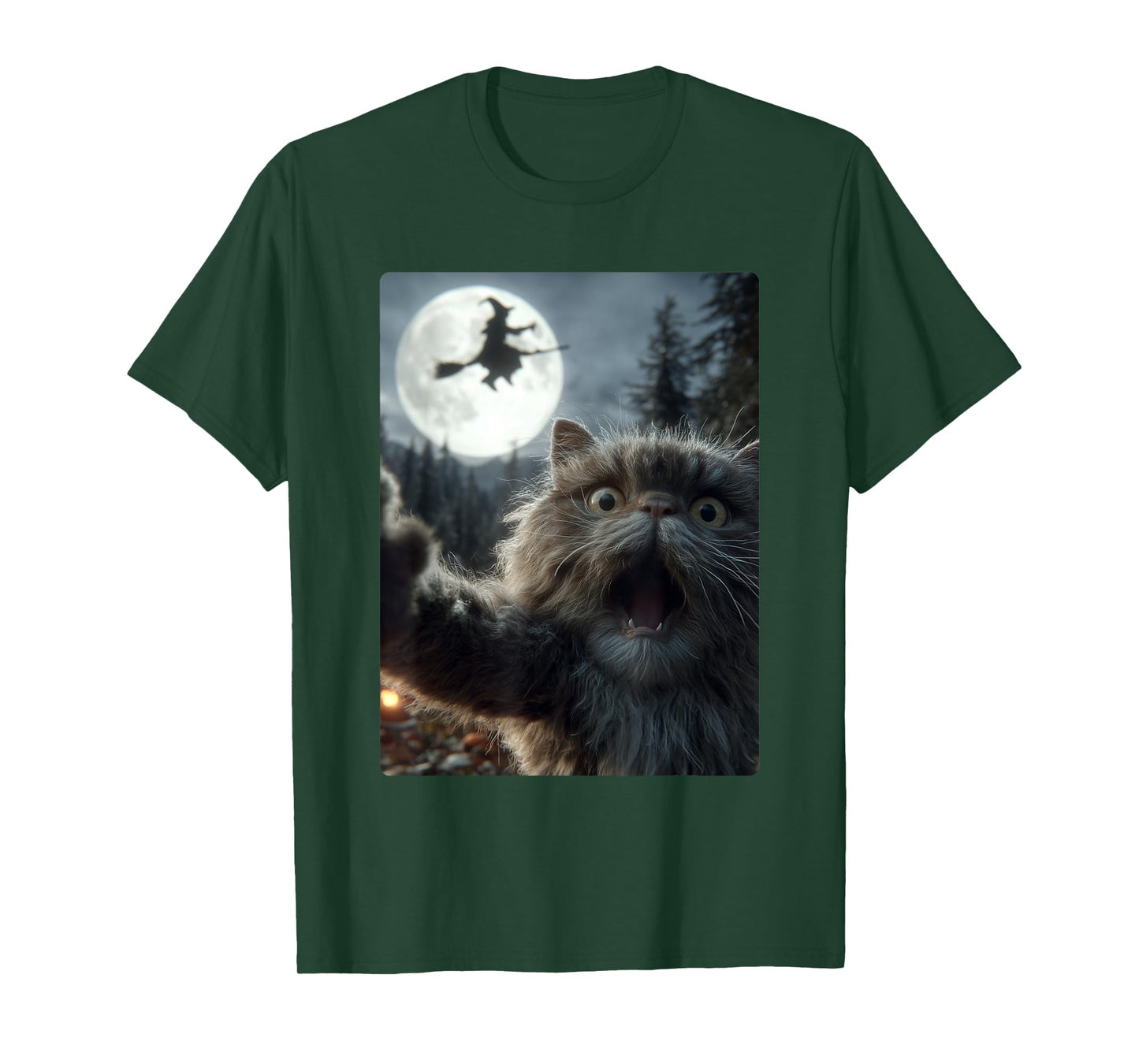 Funny Persian Cat Selfie Full Moon Flying Witch Halloween T-Shirt