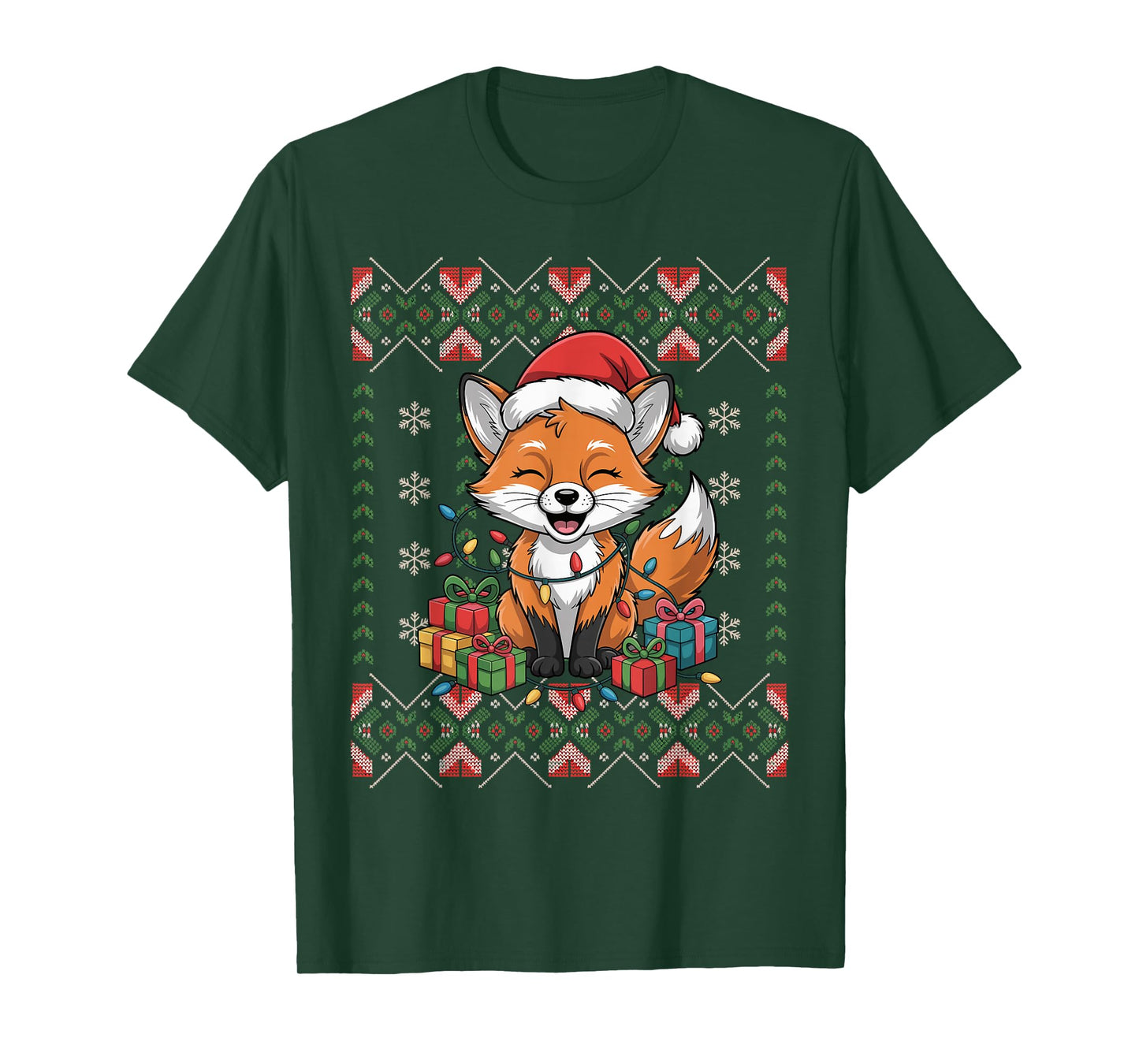 Santa Fox Christmas Ugly Sweater Funny Holiday Pajamas T-Shirt