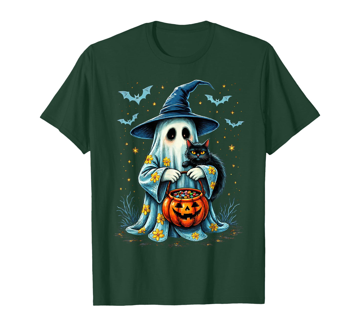 Ghost Holding Black Cat Lover Halloween 2025 Groovy Floral T-Shirt