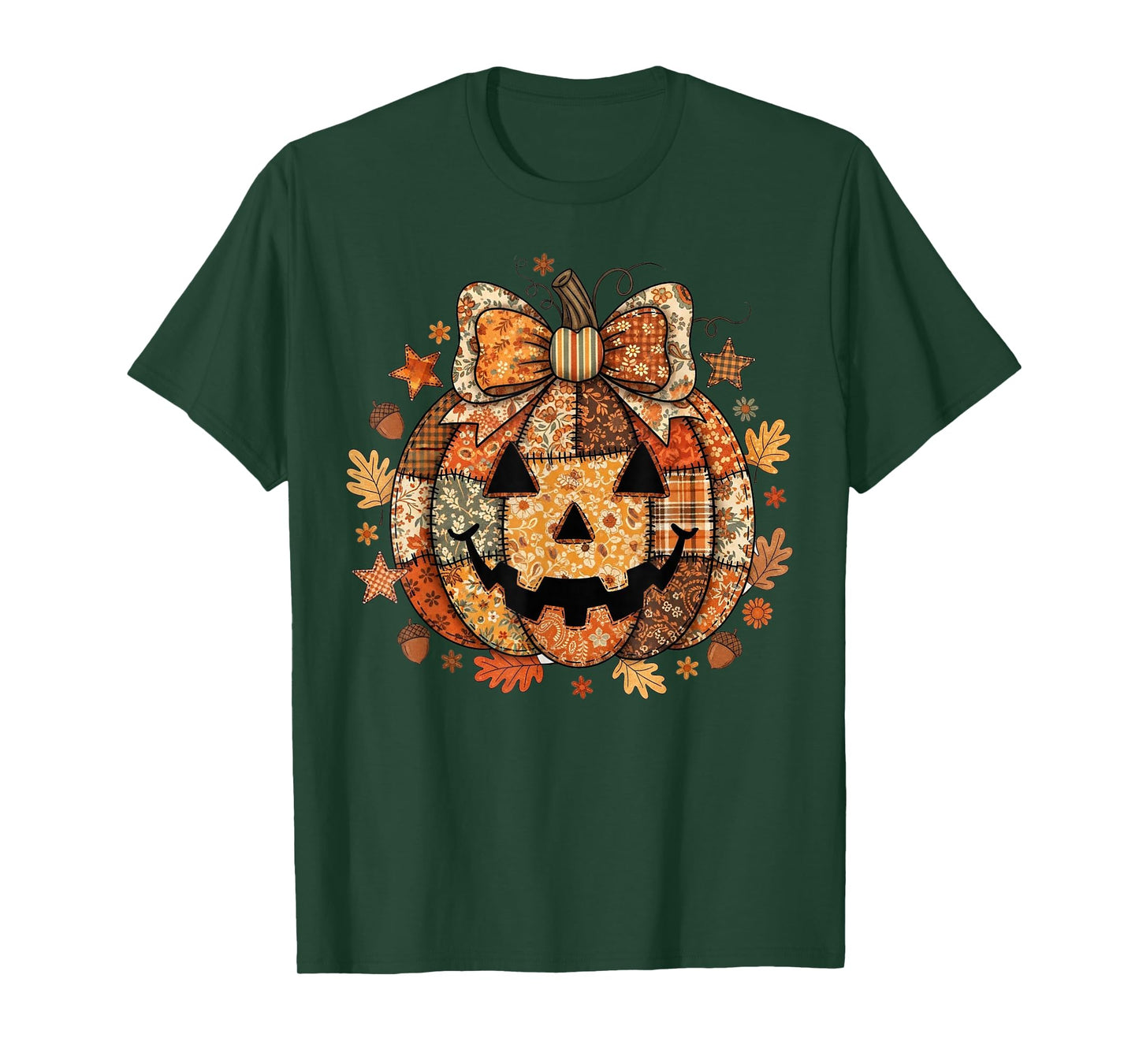 Floral Fall Patchwork Boho Pumpkin Bow Retro Halloween T-Shirt