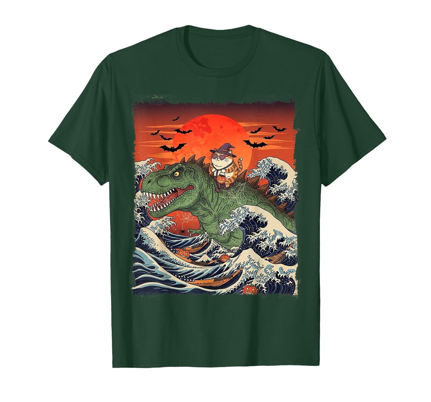 Funny Halloween Cat Witch Riding Dinosaur T-Rex Ukiyo-e Wave T-Shirt