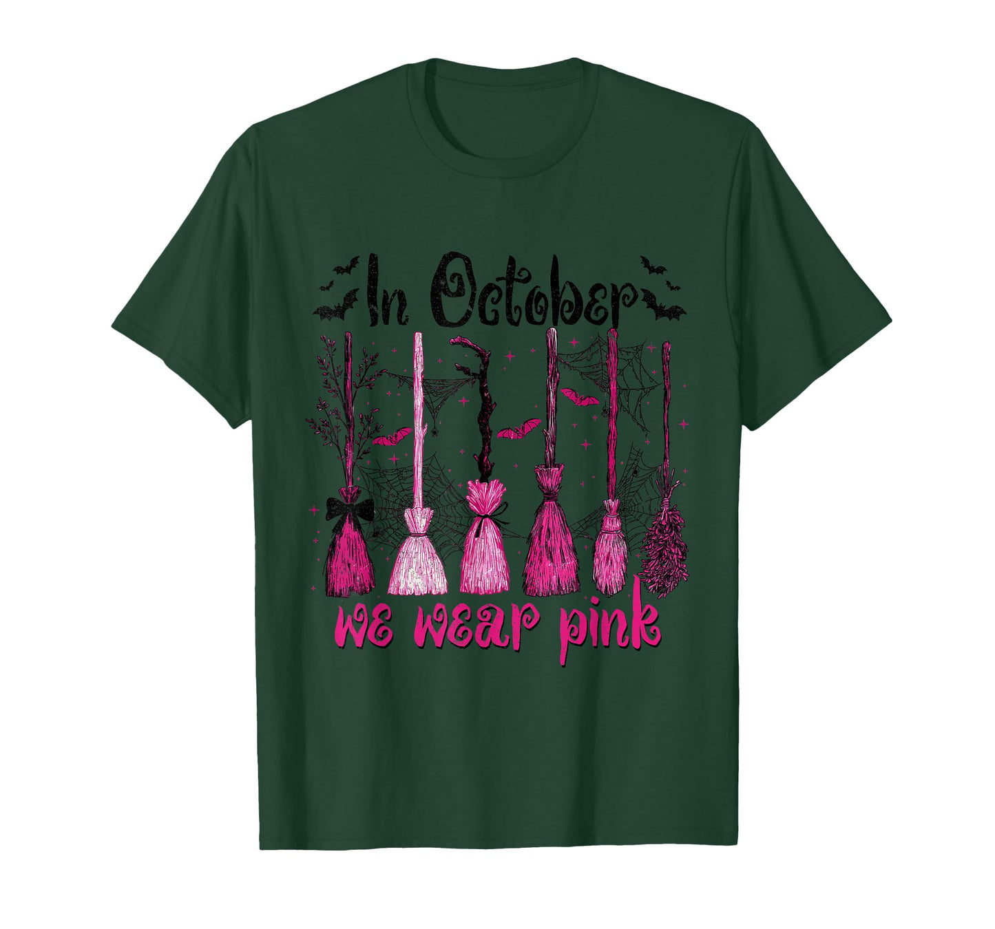 in October We Wear Pink Witches Brooms Spooky Breast Cancer T-Shirt
