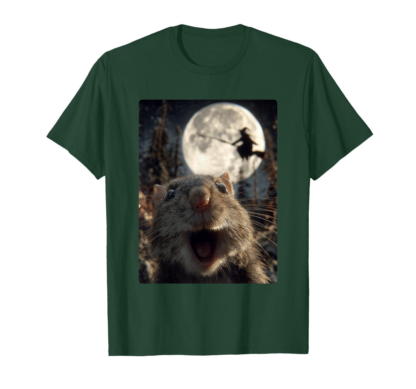 Funny Hamster Selfie Full Moon Flying Witch Forest Halloween T-Shirt