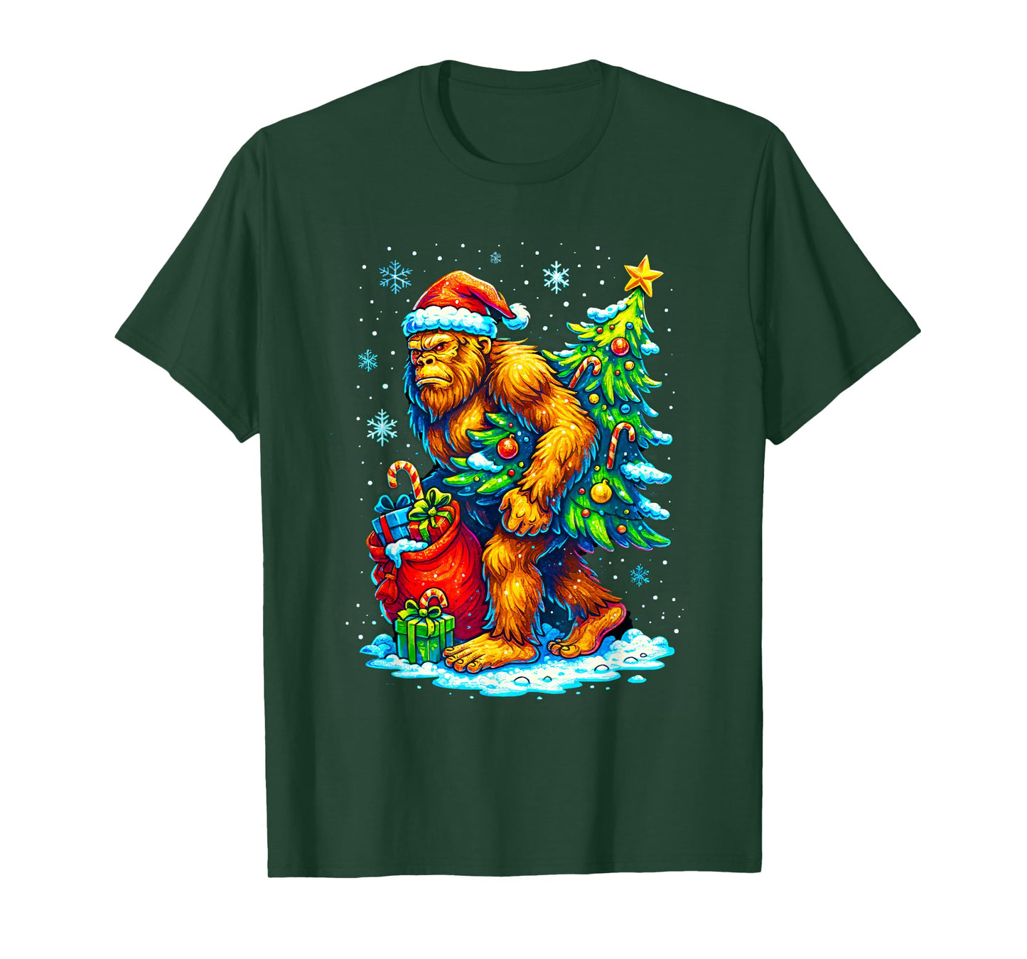 Bigfoot Christmas Tree Santa Hat Funny Sasquatch Xmas Lights T-Shirt