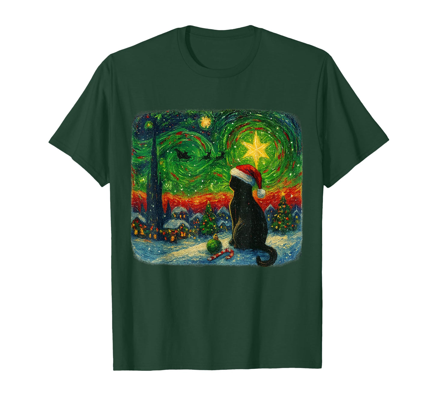 Funny Black Cat Merry Christmas Xmas Van Gogh Pajama Holiday T-Shirt