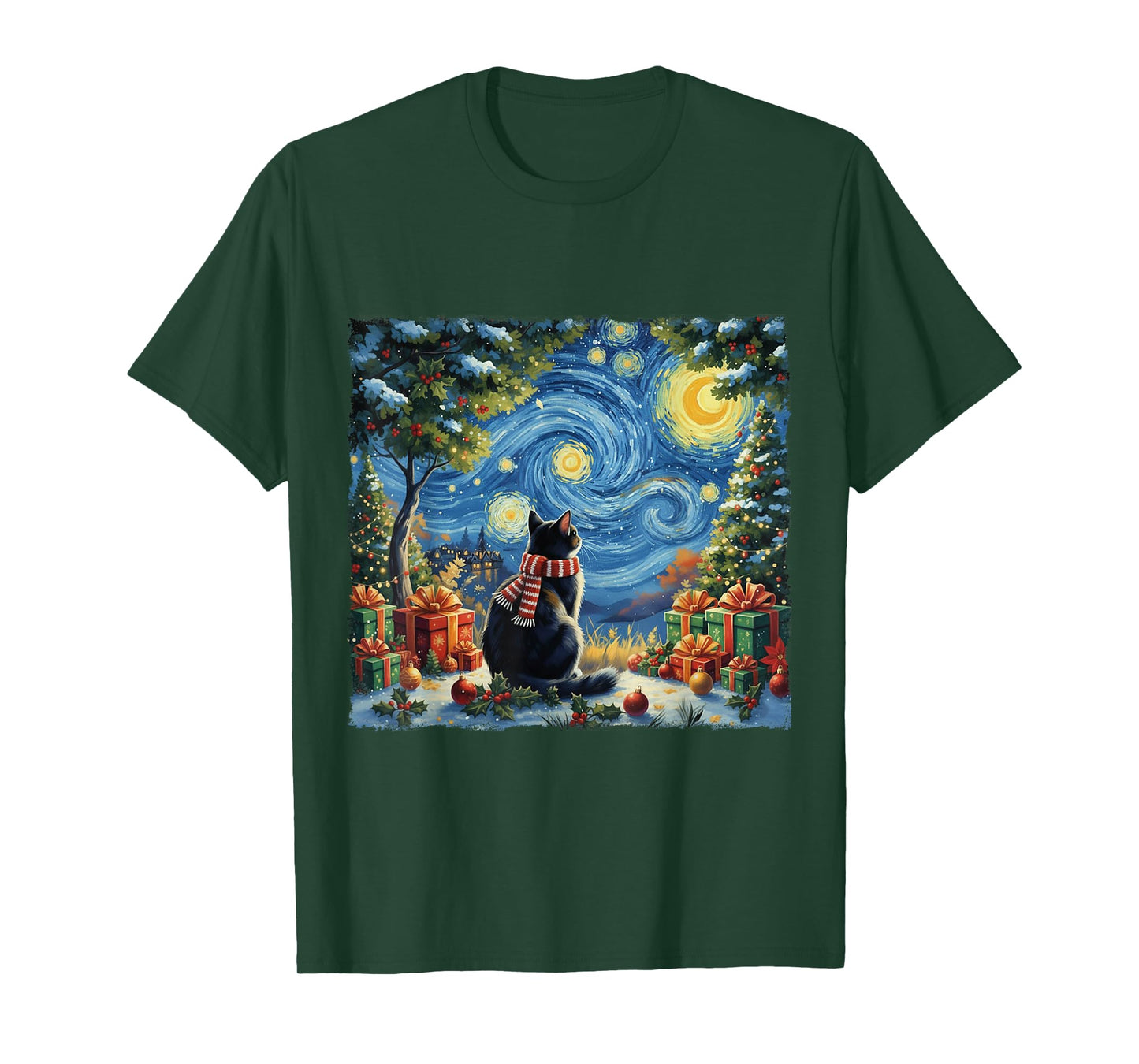 Christmas Cat Starry Night Van Gogh Xmas Holiday Santa Gifts T-Shirt