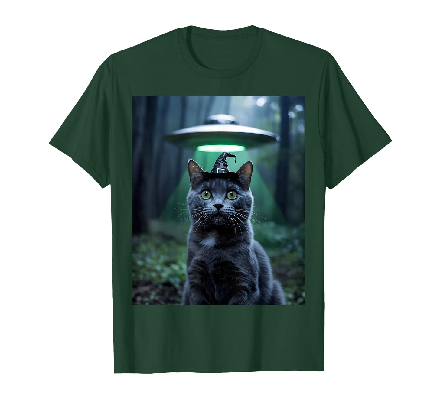 Cat with Witch Hat and UFO in Forest T-Shirt