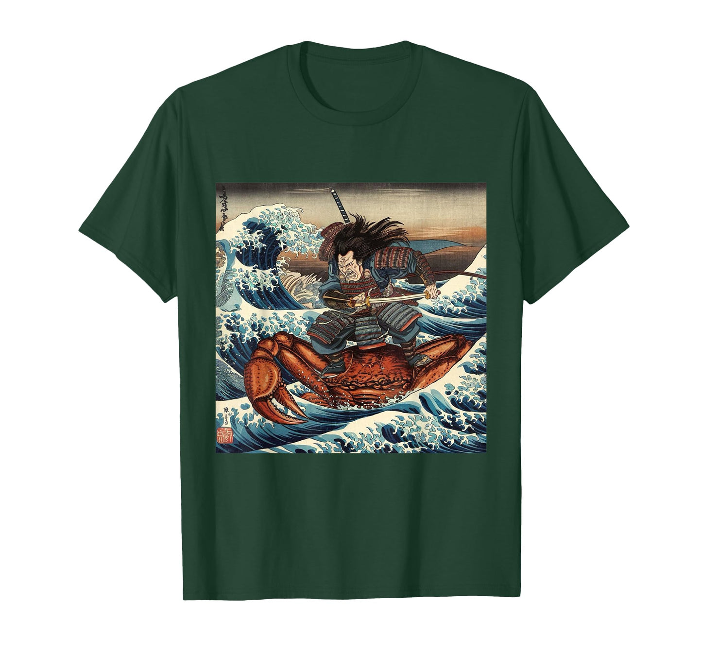 Japanese Retro Samurai Riding Giant Sea Crab Great Wave Art T-Shirt