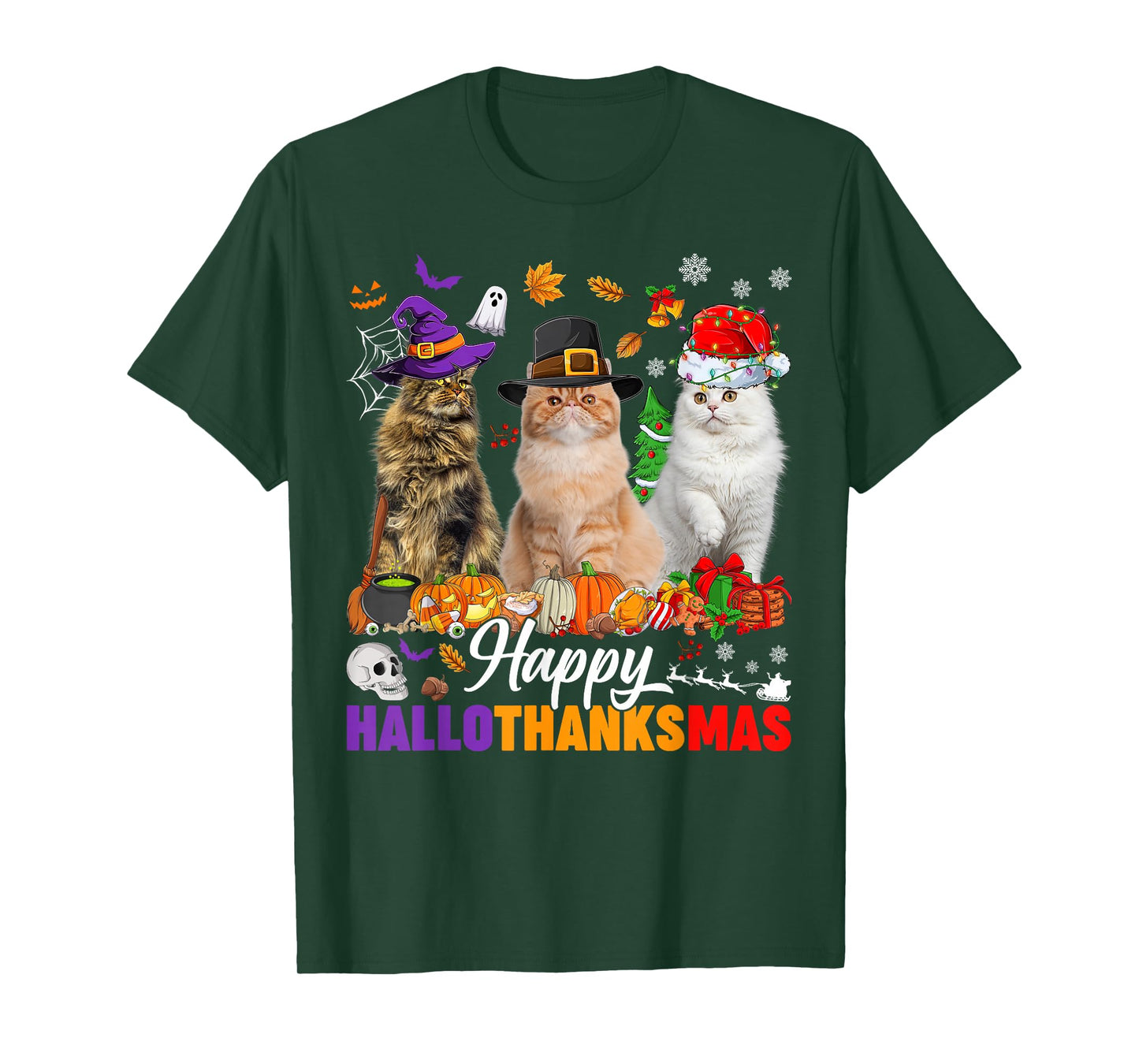 Happy Hallothanksmas Cats Halloween Thanksgiving Christmas T-Shirt