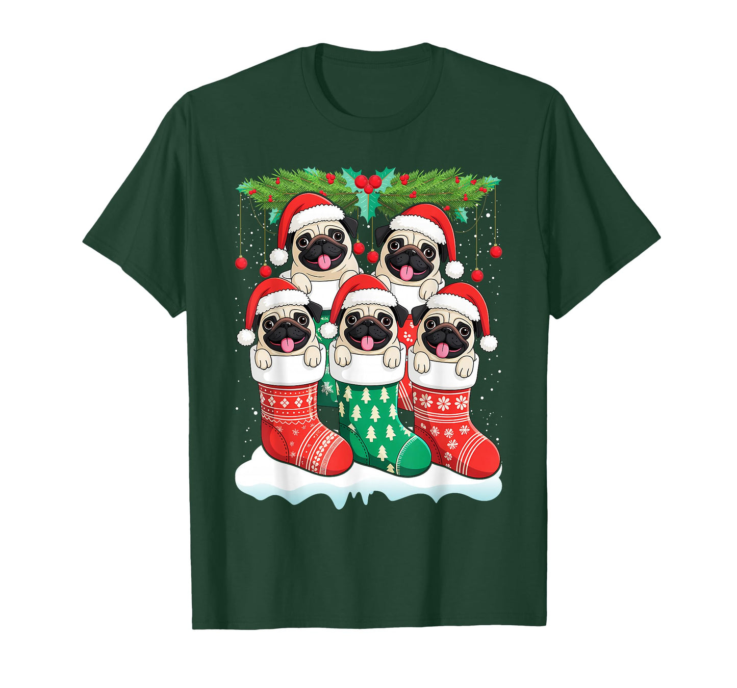 Santa Pugs in Christmas Socks Funny Xmas Dog Lover Pug Mom T-Shirt