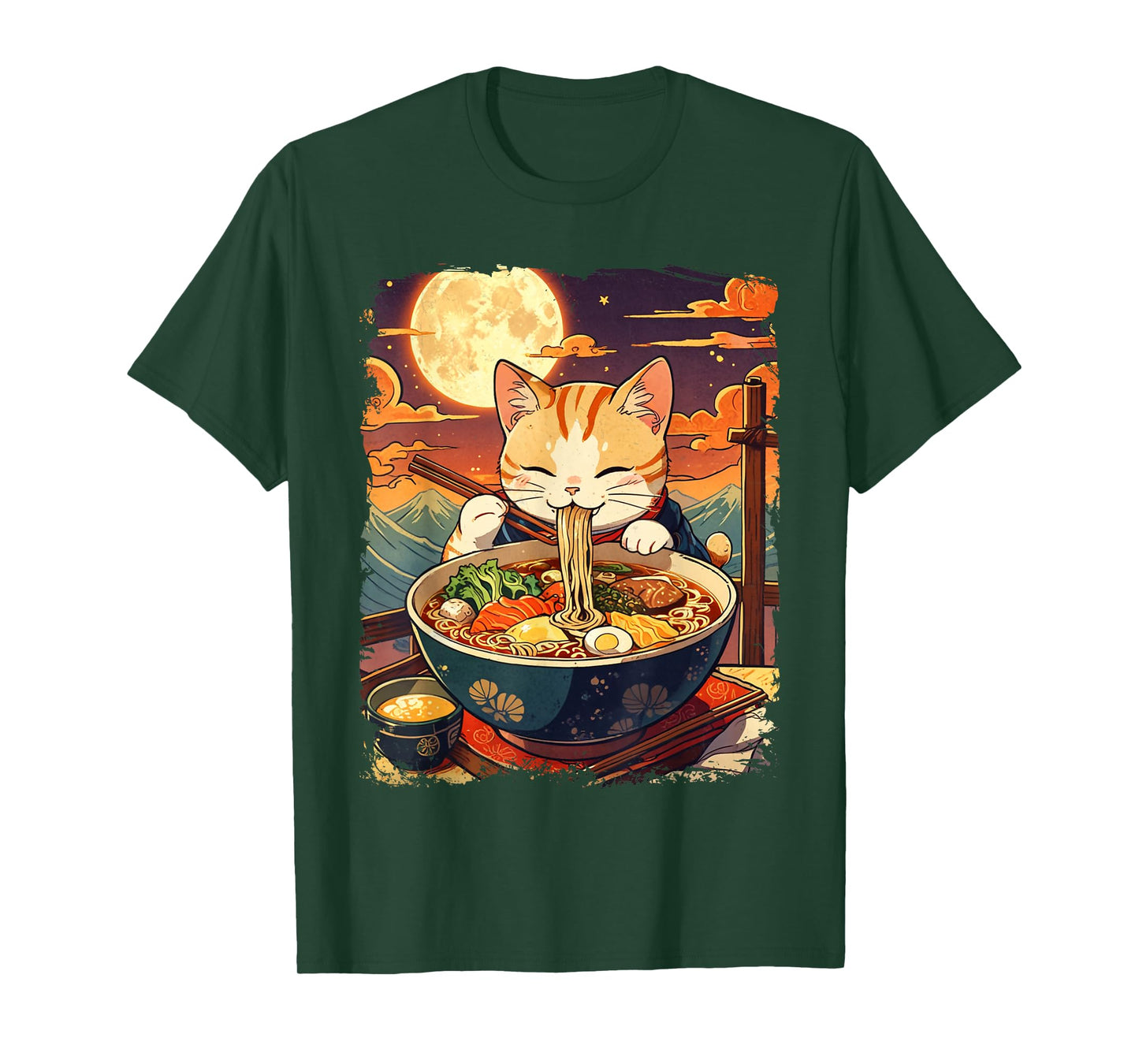 Cat Eating Ramen Japanese Noodles Vintage Ukiyo-e Art T-Shirt